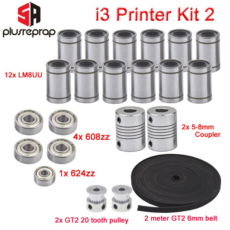 Impresora 3D Reprap I3 Kit de movimiento GT2 polea de correa 608zz 624zz Cojinete de bolas LM8UU cojinete lineal 5x8 eje acoplador