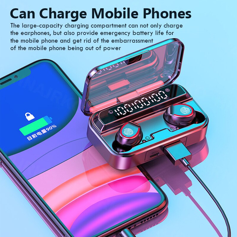 Bluetooth-oortelefoons, 2000 mah, draadloze hoofdtelefoon met microfoon, waterdichte sportoordopjes, mini-zaklamp, oordopjes met touchbediening.