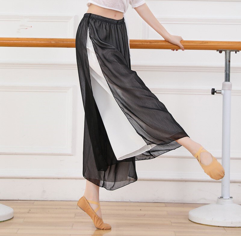 Pantalon Long léger avec fente latérale pour femme, sarouel ample à deux couches, couleur contrastée, tenue d'entraînement pour danseuse, rouge-blanc: Black