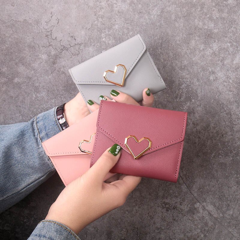 Damen Brieftasche Metall Herz-Geformt Kurze Karte Vintage Koreanische Hipster PU Fall