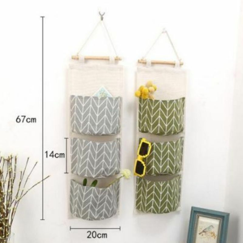 Organizador de lino y algodón para colgar en la puerta de la pared, bolsas de almacenamiento para decoración del hogar, armario, cosméticos, juguetes, 3 bolsillos