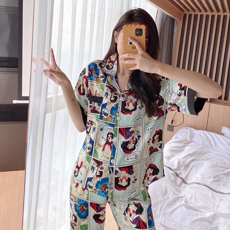 Pyjama drôle printemps et été pour femmes à manches courtes et pantalons longs 2 pièces ensembles de pyjama décontractés pyjama femme vêtements de nuit en soie