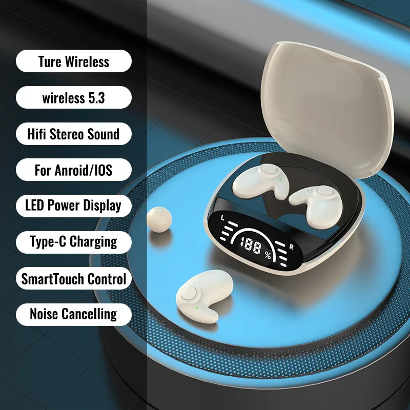 Słuchawki do spania Bluetooth 5.3 Bezprzewodowe niewidoczne słuchawki douszne TWS HD Call Stereo Redukcja szumów Bardzo długi czas czuwania dla wszystkich telefonów: WHITE