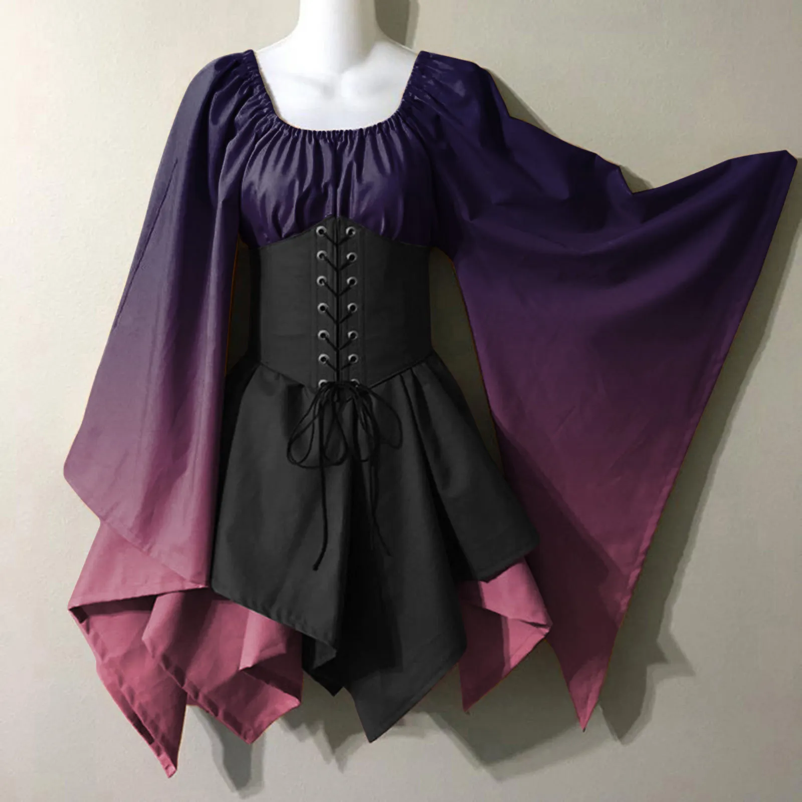Robe de Cosplay Rétro à Imprimé Dégradé pour Femme, Tenue de Spectacle d'Halloween, Rinascimento du Moyen Âge: XXL / Brown