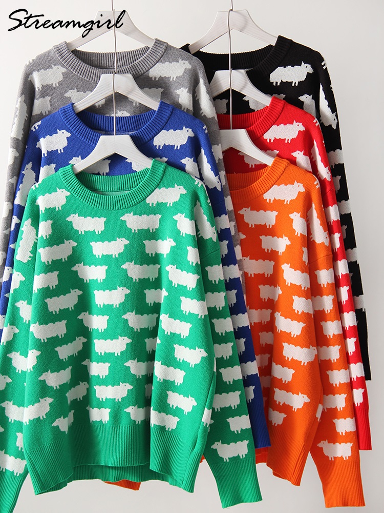 Høstlig søt posete genser med trykk til dame varm o-hals overdimensjonert gensere strikkede røde løse gensere dame grønn genser