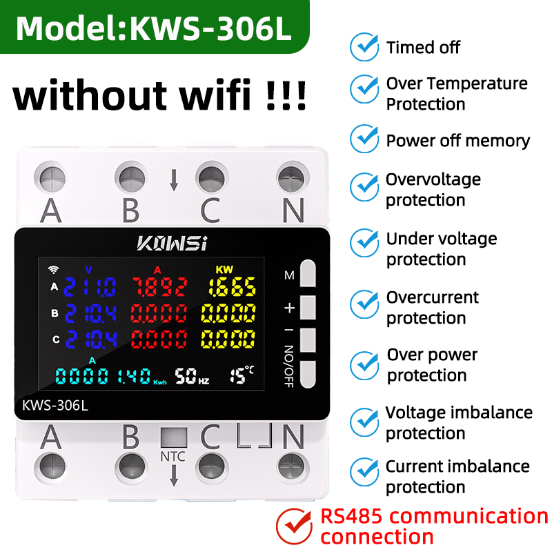 TUYA Wifi Power Energy Meter AC Monitor AC 85-290V 80A 3 Phase 4-wire DIN Rail Over Under Voltage Protector Electricity Meter: Gold