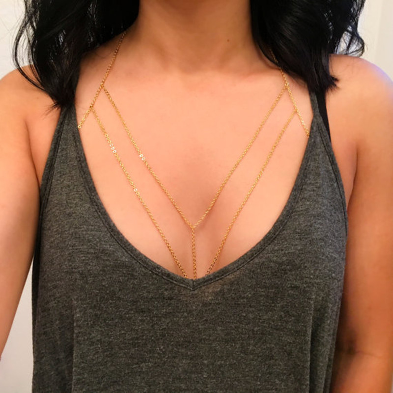 Cadena de cuerpo escalonada sexual para mujer, cadena en capas de Color dorado Simple, joyería para el cuerpo, cadena de pecho de verano para mujer