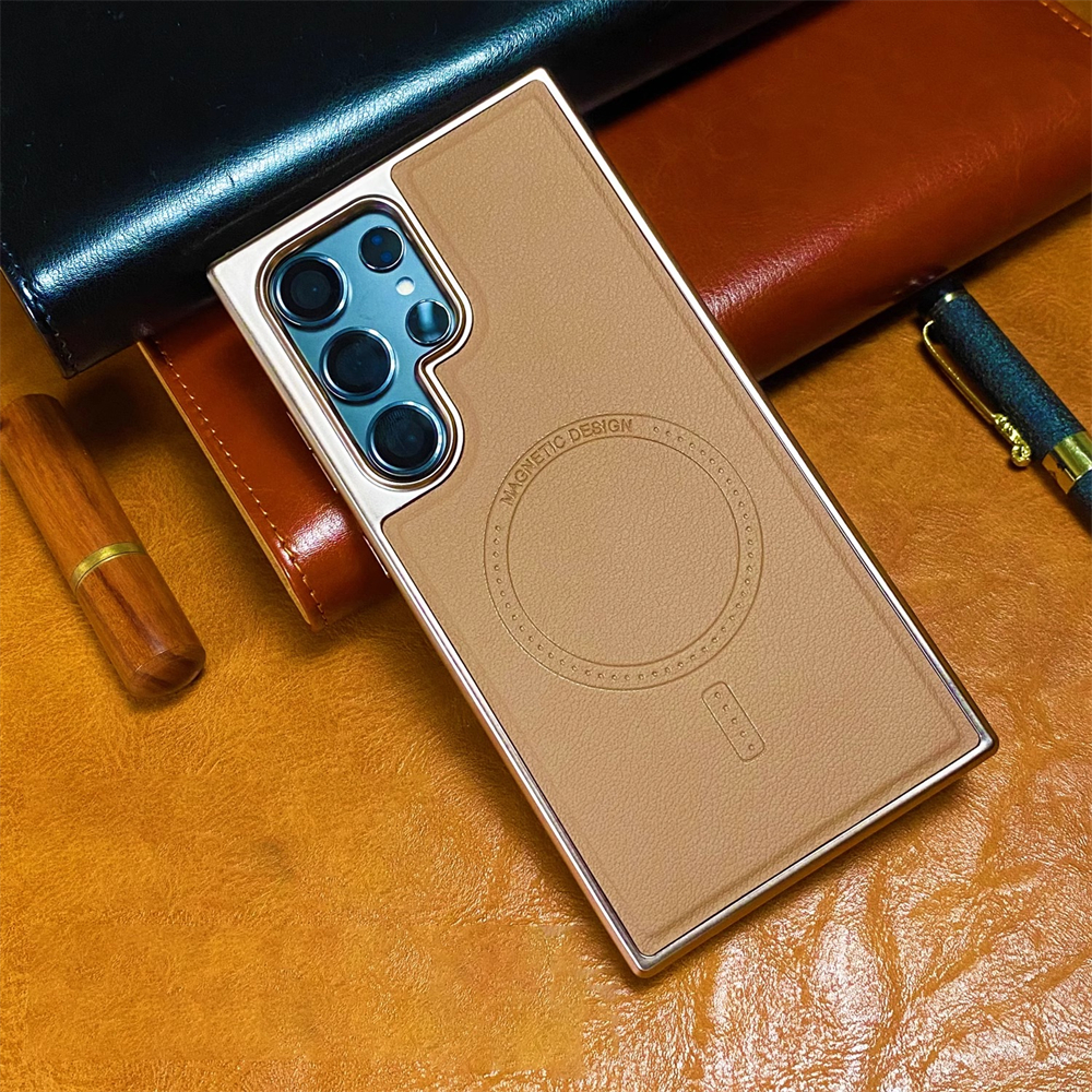 Étui magnétique en cuir à cadre souple plaqué , pour Samsung Galaxy S25 S24 S23 S22 Ultra Magsafe, Charge sans fil