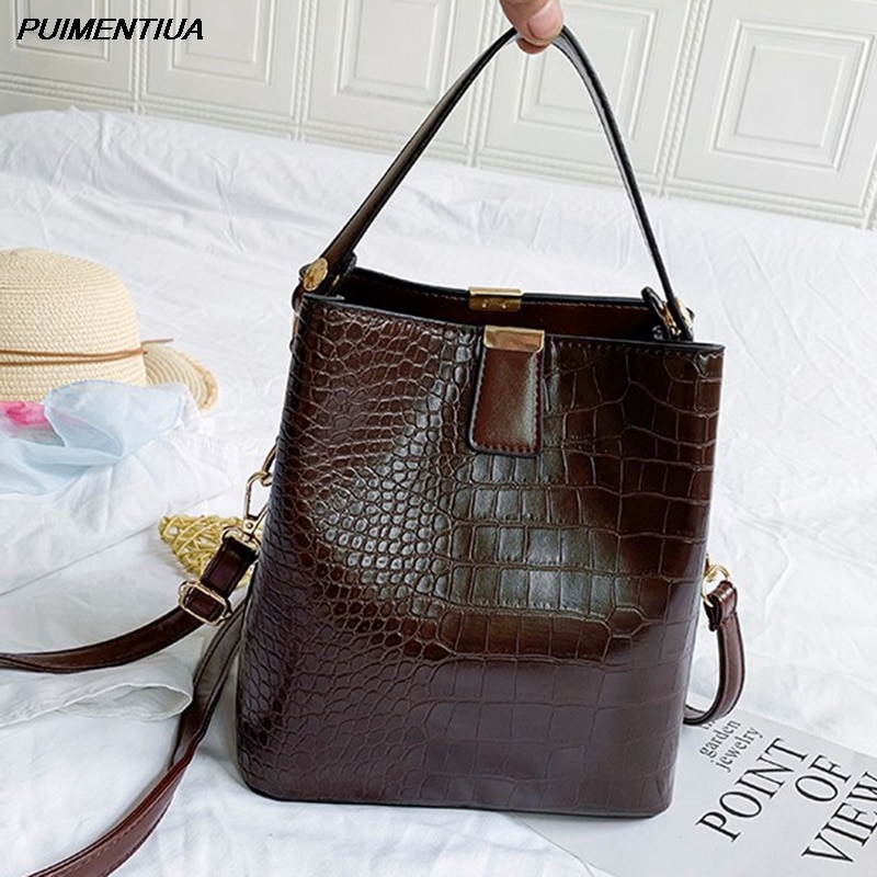 Puimentiua Retro Emmer Zakken Vrouwen Patroon Handtas Hoge Capaciteit Casual Krokodil Schouder Messenger Bags Dames Pu Portemonnee: coffee
