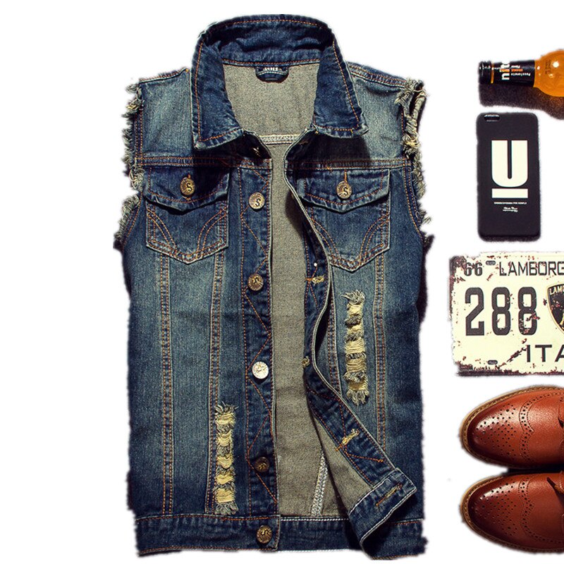 Brand Sleeveless Jacket Male Tank Plus Size Men's Denim Vest Hip Hop Jean Coats Waistcoat Men Cowboy Ripped Jean Jacket 6XL: 5XL