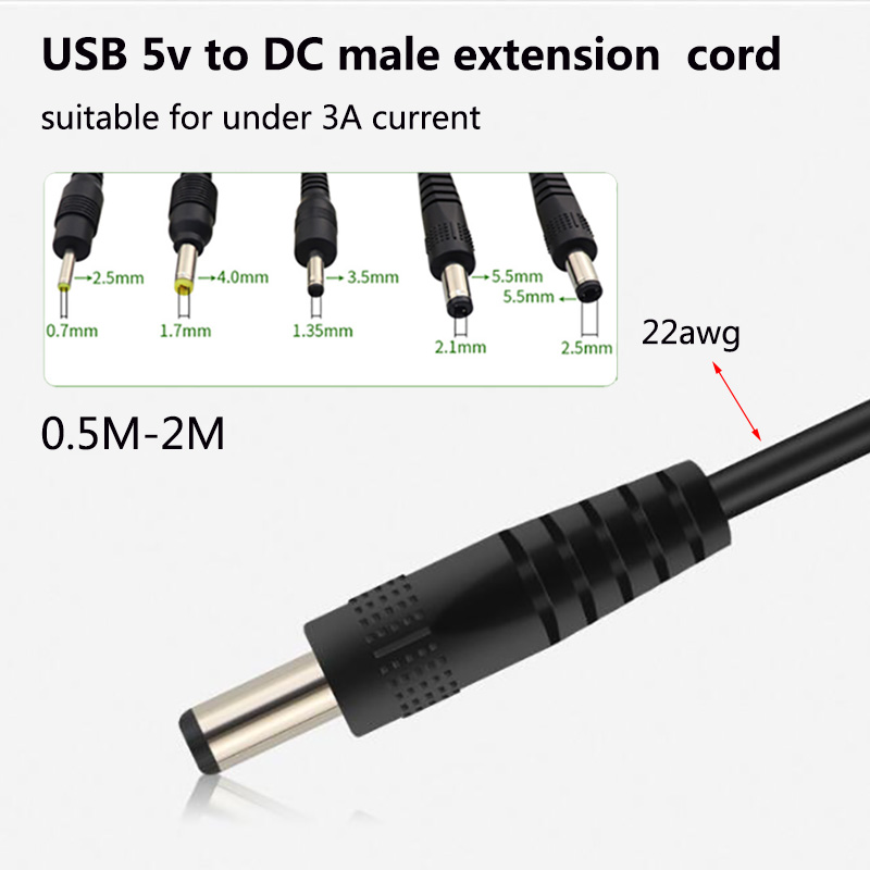 Cable de carga de puerto USB a CC de 1M, conector de enchufe CC 5,5x2,1 5,5x2,5 3,5x1,35 4,0x1,7 2,5x0,7mm, Cable de extensión de fuente de alimentación
