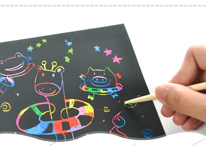 Magisk farve regnbue ridse kunst papir kort sæt med graffiti stencil til tegning stick diy maleri legetøj børn