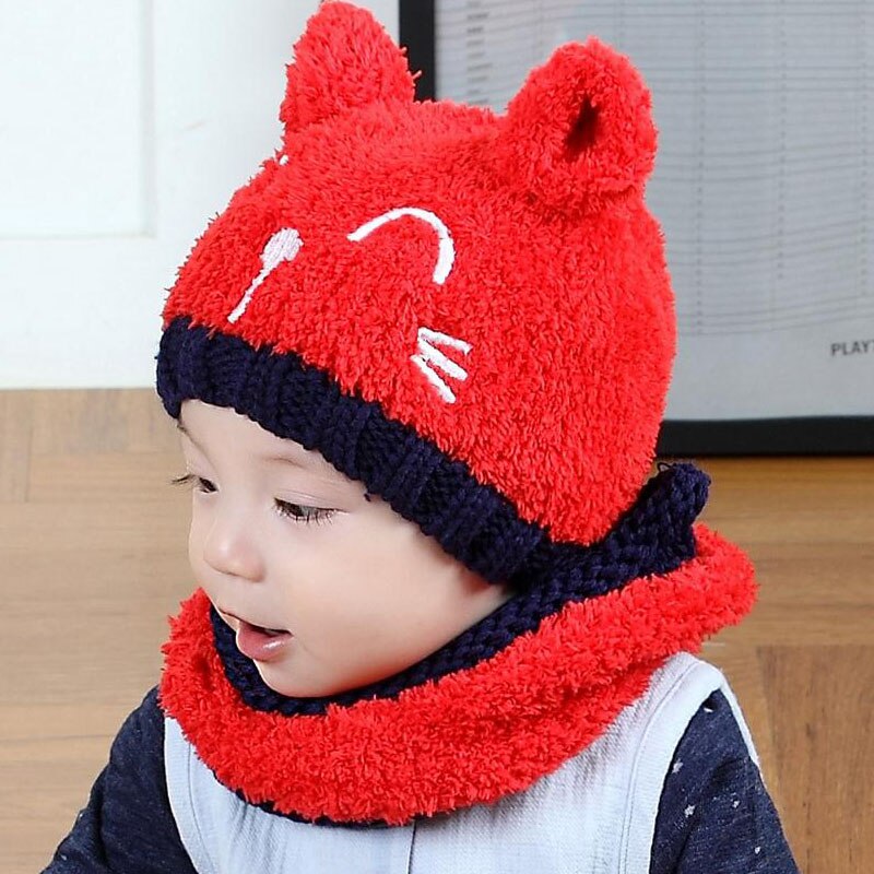 coreano dos orejas oso pequeño niños tejidos sombreros Invierno 2 uds piel bebé niña bufanda conjunto de 6 meses-3 años MZ4161: Rojo
