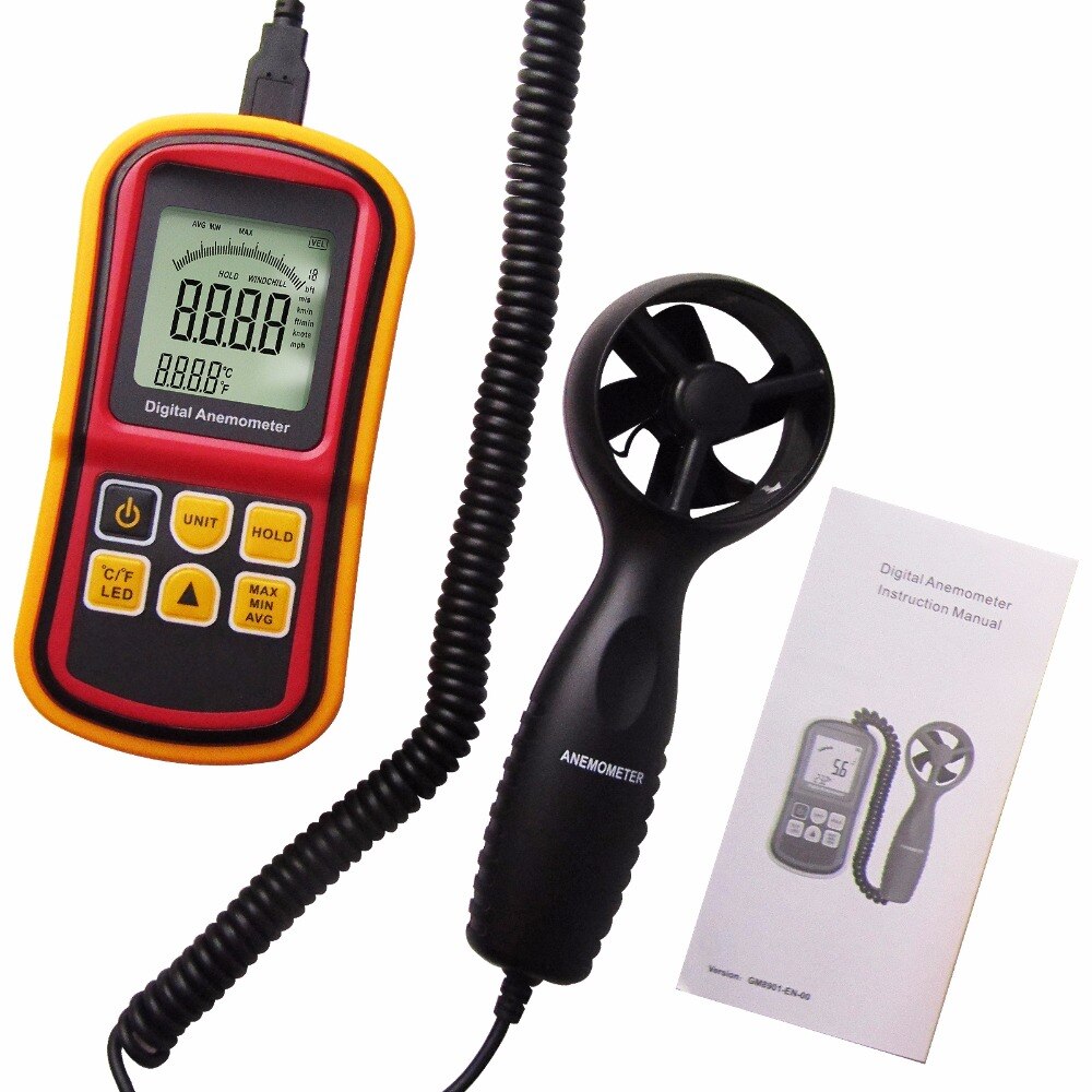 2-in-1 Digitale Thermo-Anemometer Wind Air Speed Meter Thermometer Temperatuur 0 ~ 45 m/s Velocity bar Grafiek Surf + Backlight