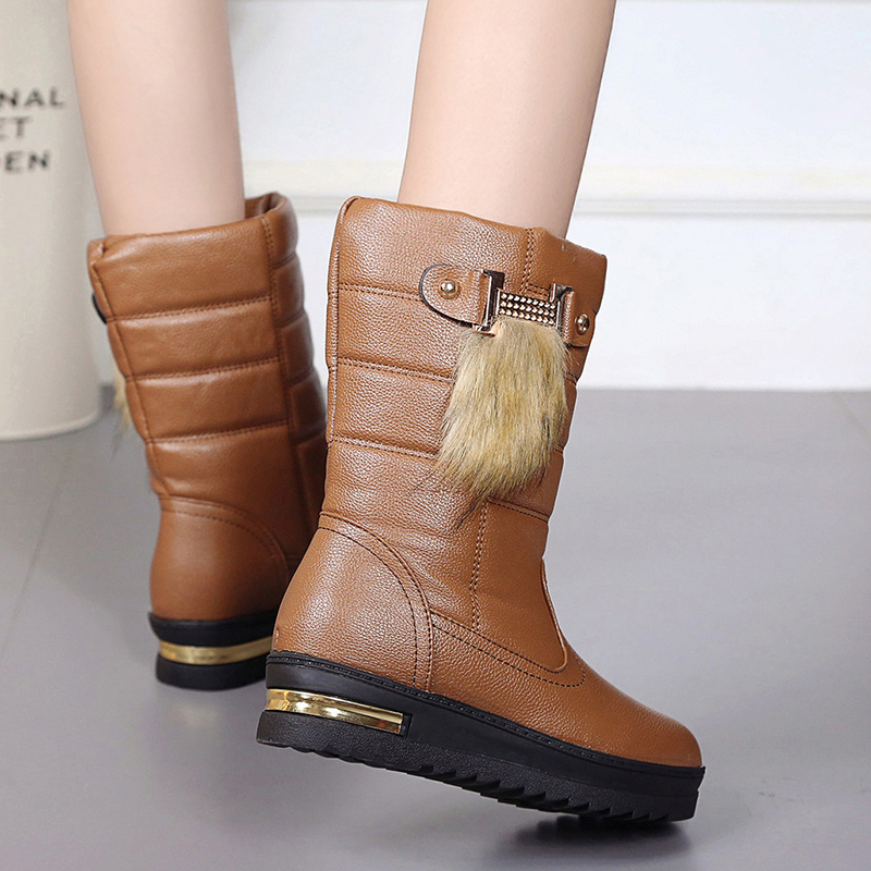 Damskie buty zimowe, damskie wysokie buty, zdobione cyrkoniami, ciepłe futrzane skórzane buty robić połowy łydki, damskie buty na platformie