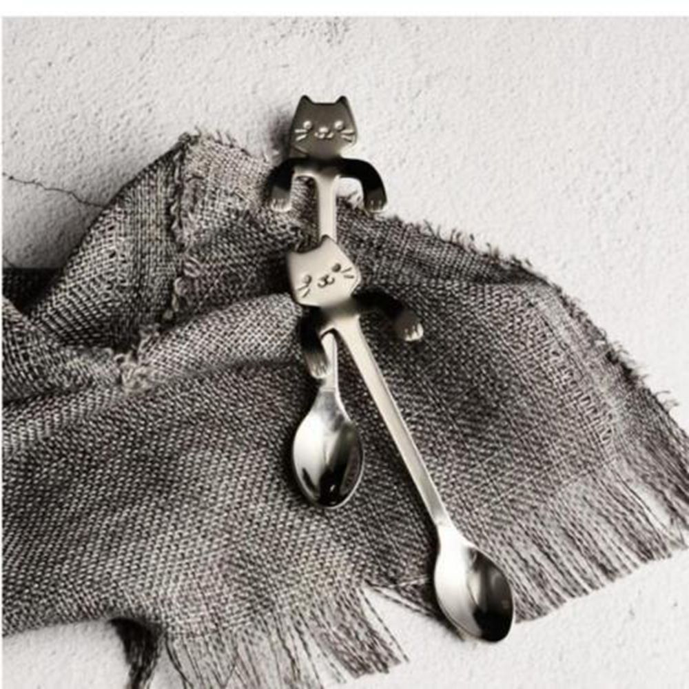1 Piece Cute Cartoon Cat Spoon Long Handle Spoons Flatware Drinking Kitchen Gadgets Stainless Steel Tea Coffee Spoon