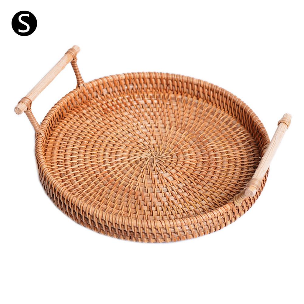 Praktisk rattanbakke med håndtag håndvævet multifunktions fletbakke med slidstærk rattanfiber rund til morgenmadsdrinksnack: S
