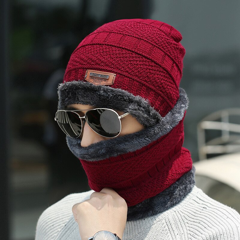 Mannen Dikke Winter Hoed, sjaal En Fluweel Warme Ski Muts Sjaal Pak Mannen Beanie Gehoorbescherming Hals Grote Maat Katoen Gezichtsmasker: Wine-3