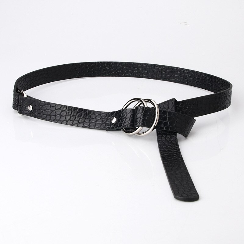 Unique Stone Grain Pu Belt Women Double Ring Thin Belts Female Jeans Dress Waistband Brand 2022: black