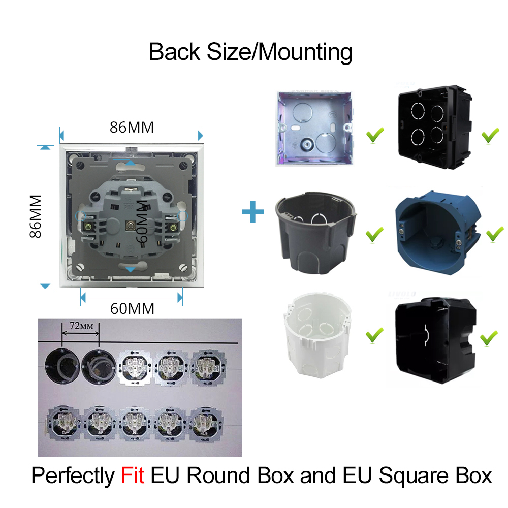 86 EU French Type A C Outlet 1 2 3 Gang On Off Fan Dimmer Wall Switch Double Electrical USB RJ45 Cat6 Sockets Round Back Claws