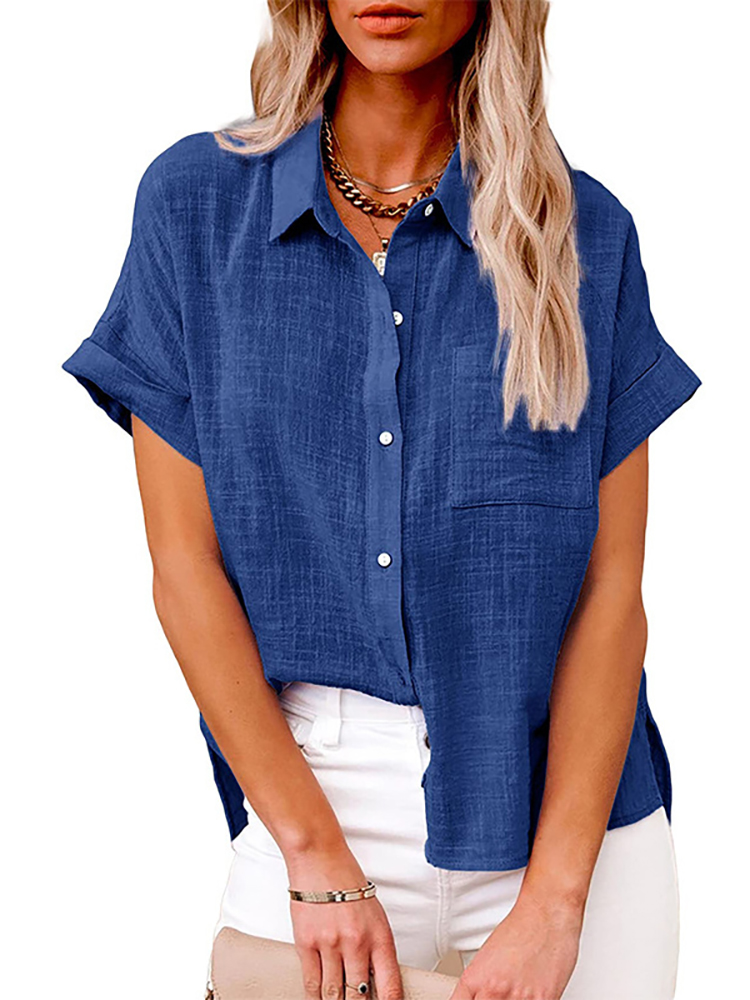 Casual Solid Short Sleeve Cotton Linen Loose Blouse Vintage Harajuku Oversized Shirt Tunic Summer Tops Women: S / Blue