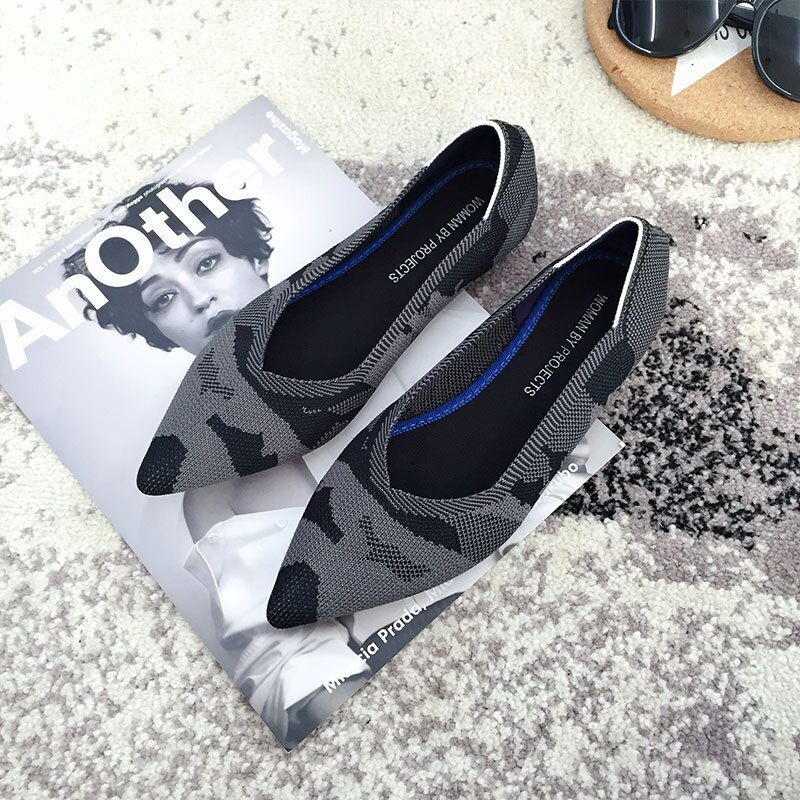 Beroemde Casual Boot Schoenen Vrouw Puntschoen Sapatos Stretch Breien Ballerina Flats Schoenen Lente Plus Size Roll-Up ballet