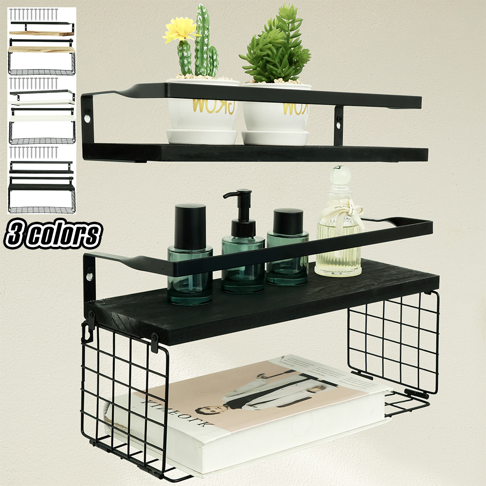 Estantes flotantes montados en la pared, estantería de madera para baño con barandilla protectora de Metal, estante de almacenamiento abierto resistente para cocina y baño