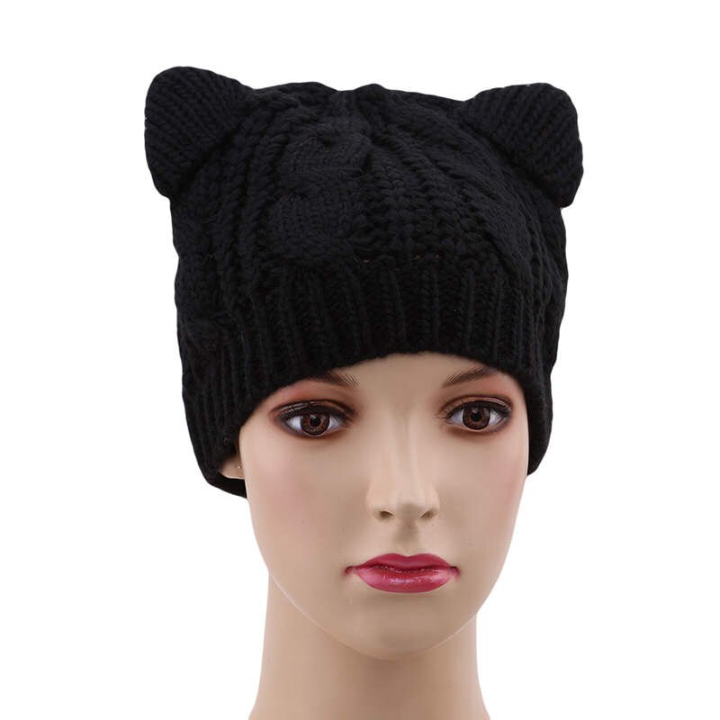Gorro con orejas de gato y cuernos de diablo para mujer, gorra tejida a ganchillo, gorros de lana tejidos a la , gorros cálidos para invierno y otoño: Black