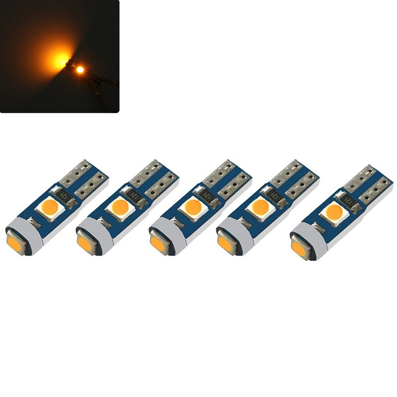 Accessoires de voiture, 5 pièces, lampe Led T5 3030 12V, éclairage intérieur automatique, indicateur de réchauffement du tableau de bord, lampe d&#39;instrument automobile: YELLOW