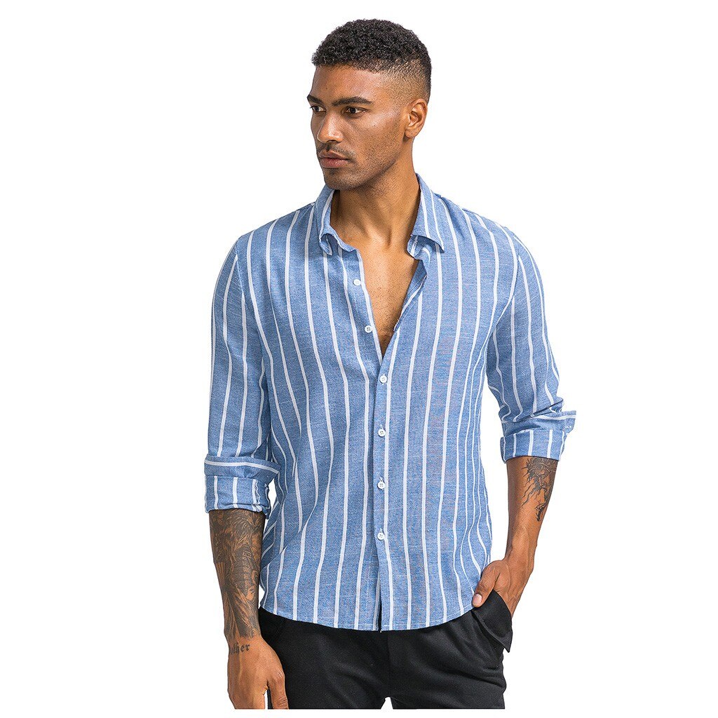 Mens Casual Printed Striped Button Slim Fit Men's Casual Long Sleeve Shirt Blouse Tops camisa masculina camisas hombre #ES: Blue / L