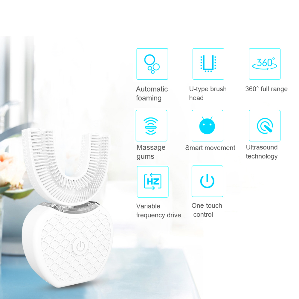 Cepillo de Dientes eléctrico sónico automático inteligente de 360 grados U tipo 4 modos cepillo de dientes carga USB blanqueador de dientes luz azul