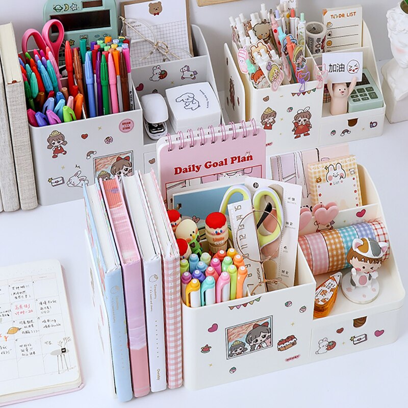 Cute Storage 3 In 1 School Multifunctional Desktop Box Pen Household Durable Plastic Stationery Storage Rack Drawer Organizer
