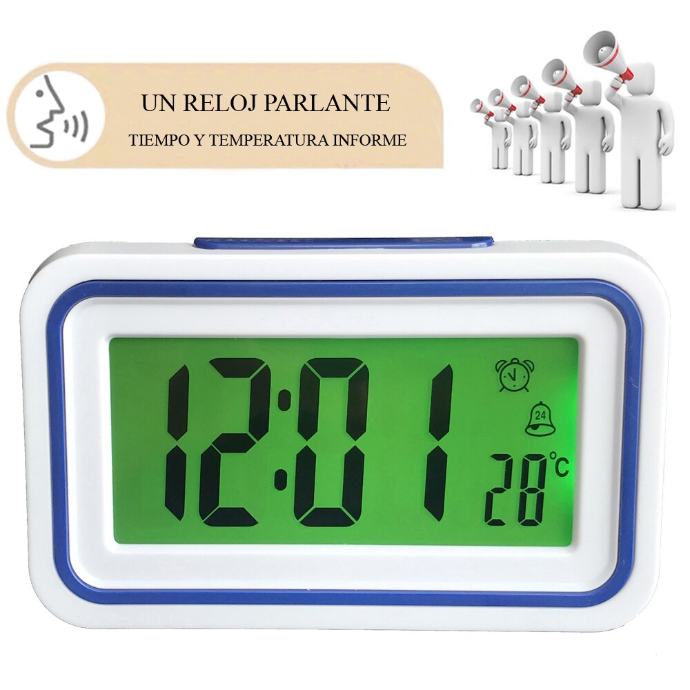 Digital español reloj despertador hablando de tiempo y temperatura para chico dormitorio de los niños despierta