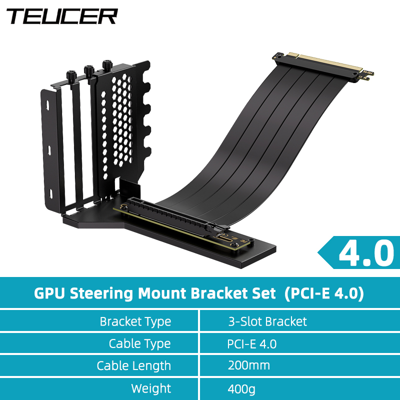 TEUCER L-Z3 GPU Vertical Mounting Bracket Kit, PCIe 4.0 X16 Riser Cable 200mm, Graphics Card Steering Mounting Bracket: Blue