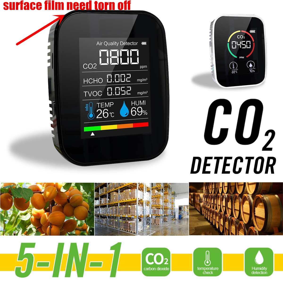 Multifunctional 5 in1 CO2 Meter Digital Temperature Humidity Sensor Tester Air Monitor Carbon Dioxide TVOC HCHO Detector