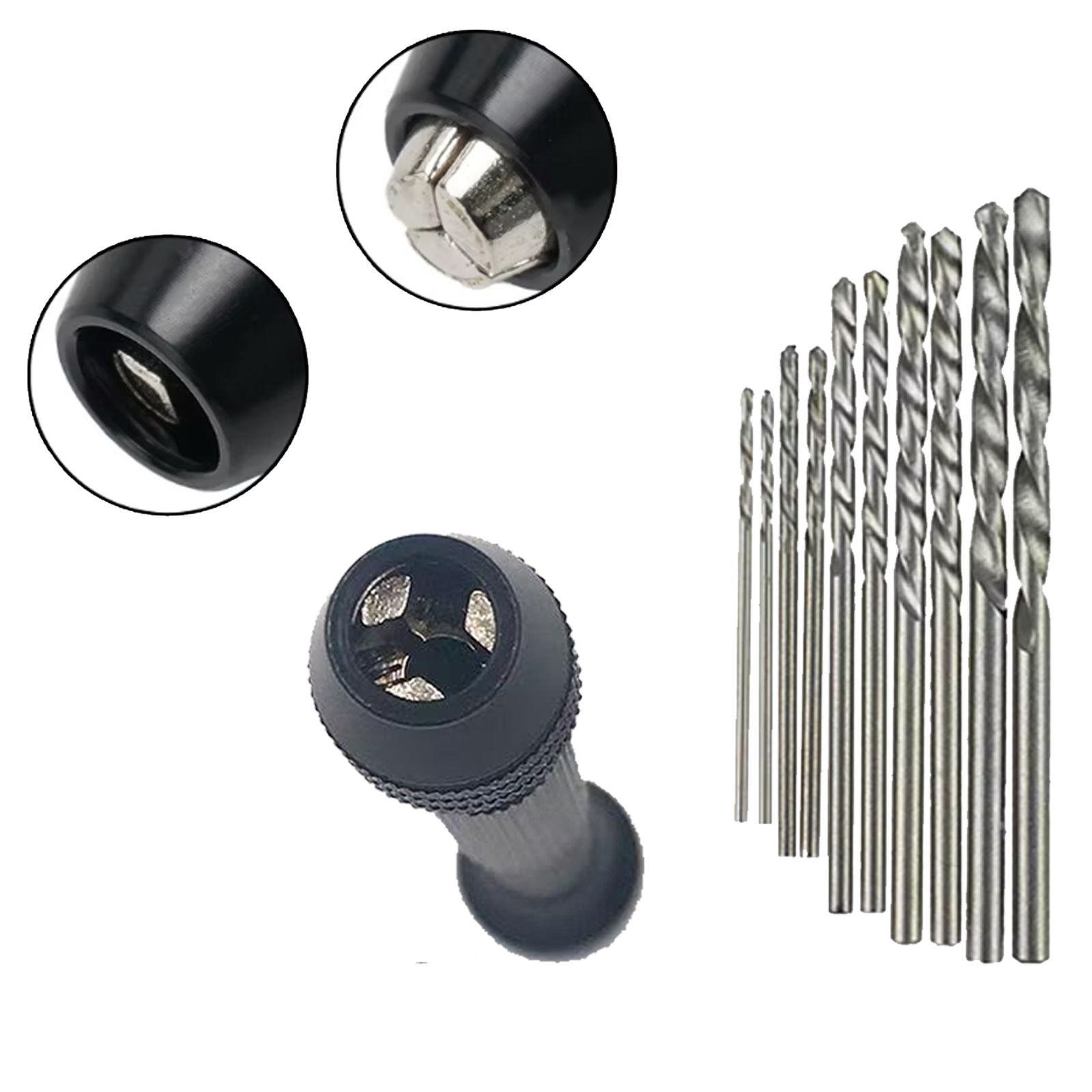 Mini juego de herramientas de 1/11 piezas con taladro helicoidal manual negro, taladro helicoidal de 10 piezas para perforación de carpintería y herramientas rotativas para agujeros de madera