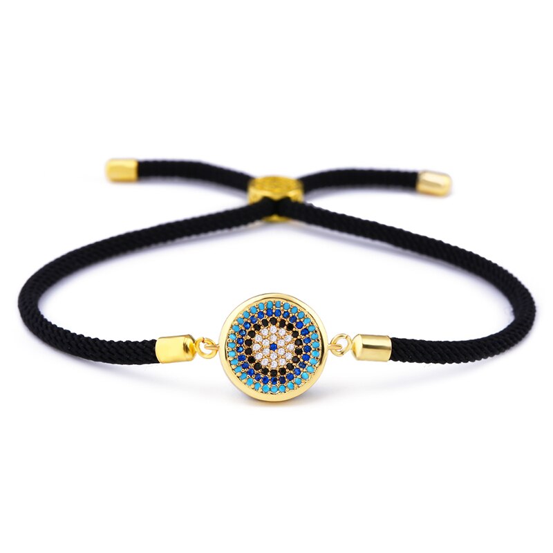 Flola Turkse Mannelijke Armband Goud Zirconia Evil Eye Armband Vrouw Dubai Gouden Sieraden Charm Draad Erkek Bileklik Brtb12: Gold(Black rope)