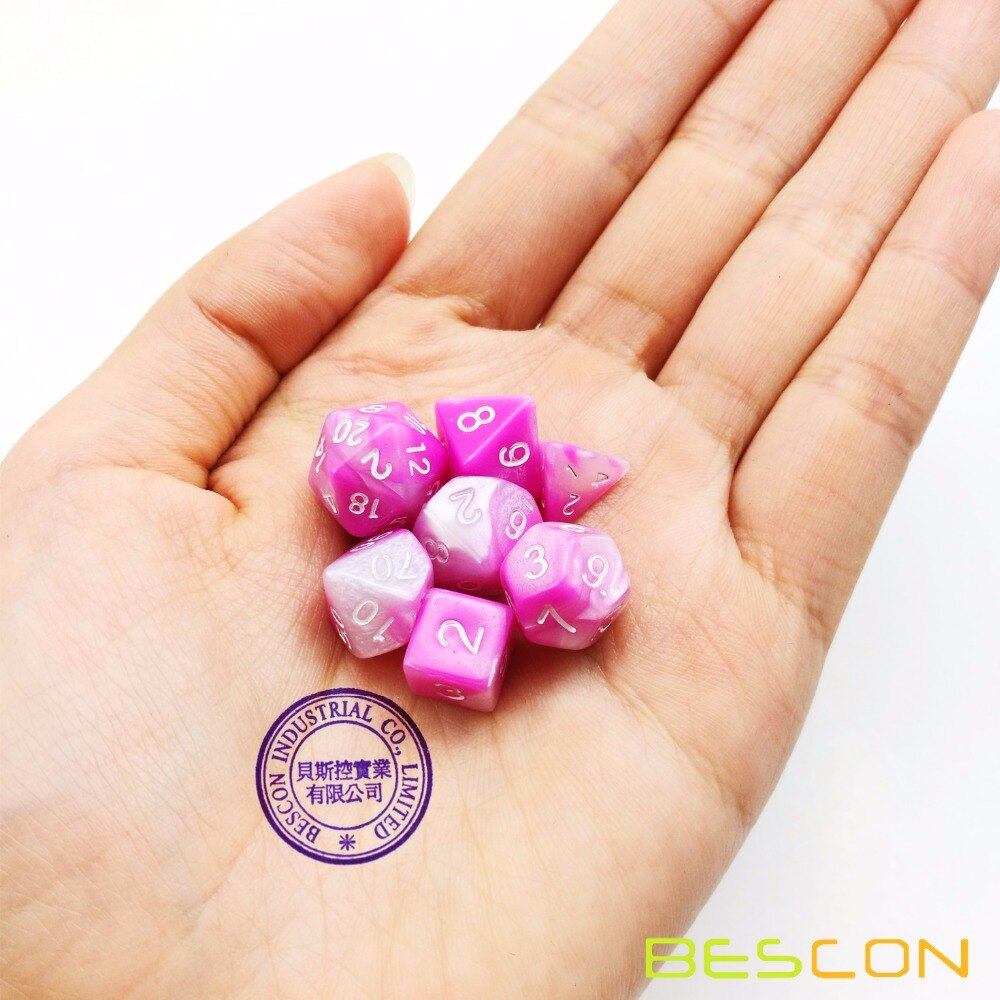 Bescon Mini Gemini Twee Tone Polyhedral Rpg Dobbelstenen Set 10 Mm, kleine Mini Rpg Rol Playing Game Dobbelstenen D4-D20 In Buis, Roze Bloesem