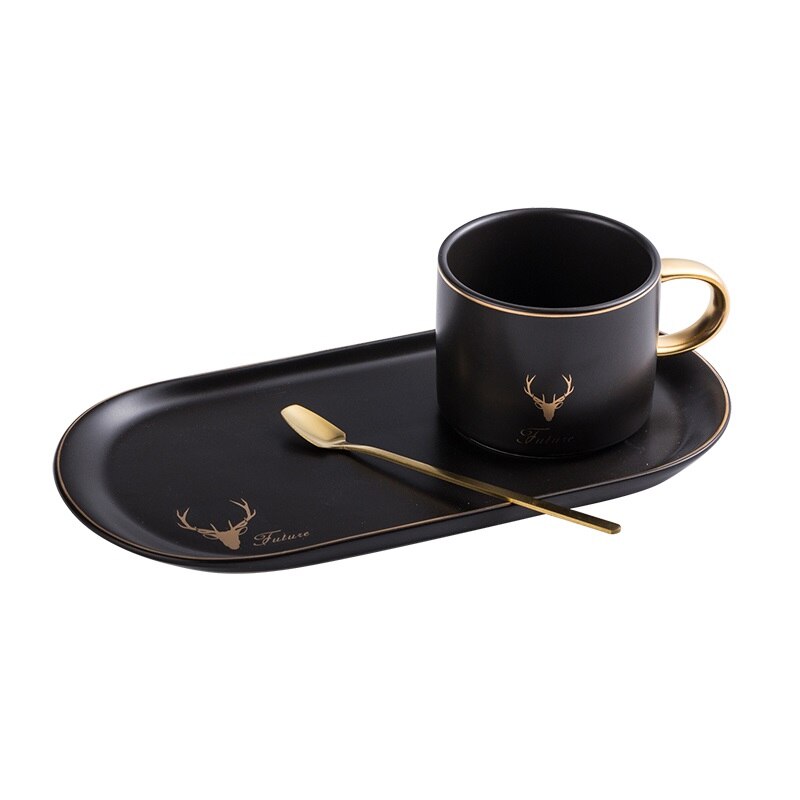 Kerst Keramiek Cup Gouden Rand Koffiekopjes Mok En Schoteltjes Lepel Sets Met Geschenkdoos Thee Sojamelk Ontbijt Mokken dessertbord: BLACK