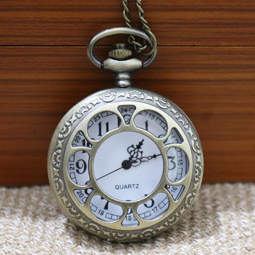 Unisex Hollow Flower Ronde Dial Arabische Romeinse Cijfers Ketting Quartz Zakhorloge
