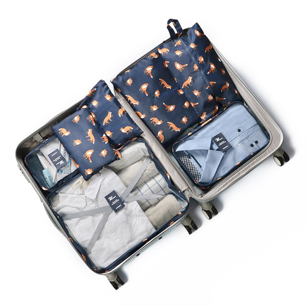 S.IKRR Nylon Packing Cubes Travel Bag Women Waterproof Large Luggage Organizer Set 7pcs Clothes Storting Pouch Cosmetic Bag: Dark Blue Fox