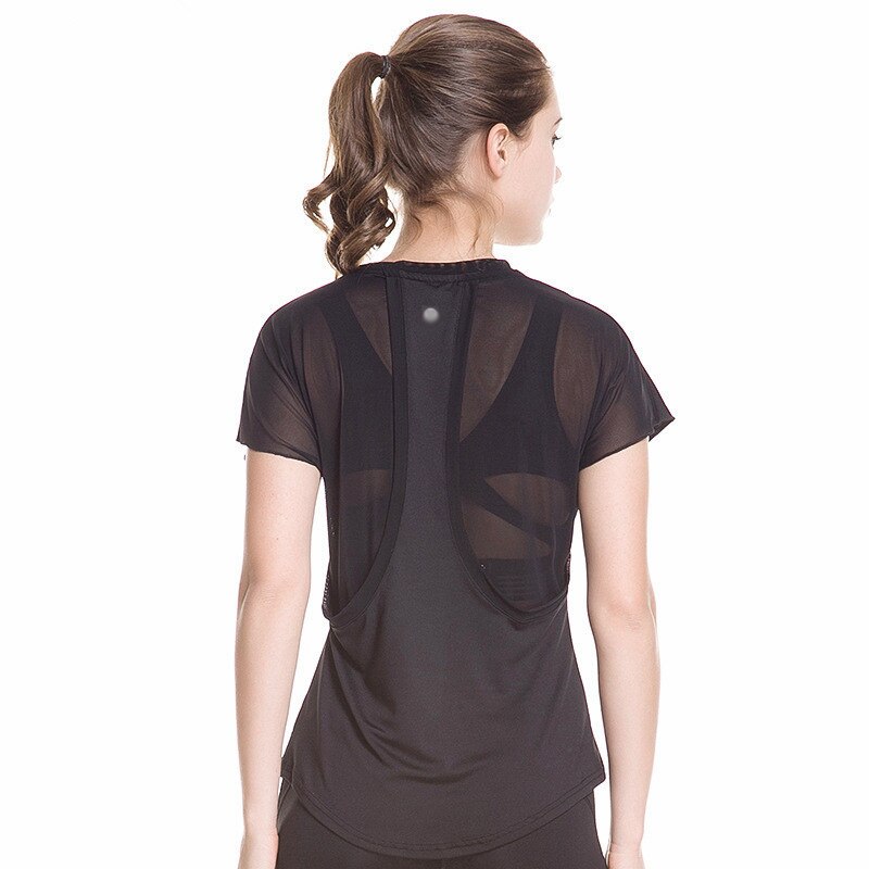 Brand Logo 0852 Summer Women Soft Breathable Sports Fitness Mesh Back Short-sleeved T-shirts Gauze Splicing /40: black / L