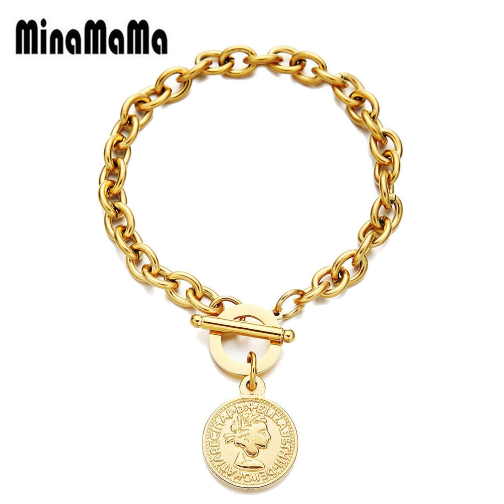 Hip hop aço inoxidável toggle beleza cabeça encantos pulseiras para mulheres homens ot fivela moeda pingente goth pulseira