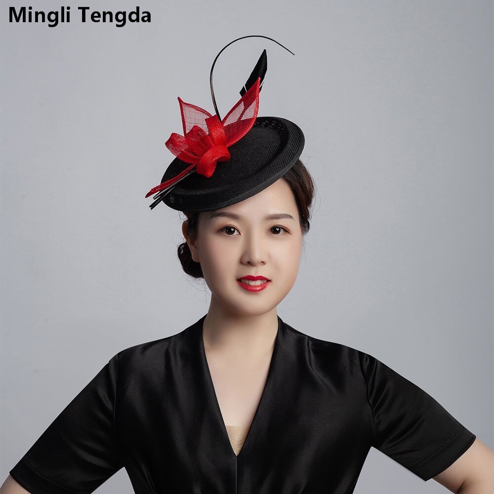 Mingli Tengda 6 colores Filipinas Cambric sombrero de Bodas de lino de la pluma nupcial tocado mujeres sombreros Azul Real: Red and Black