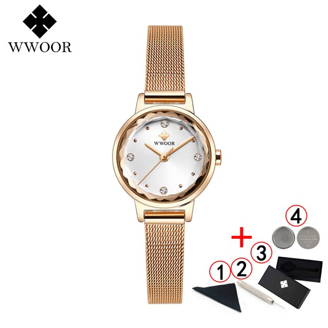 Armbinde Uhren Frauen Luxus WWOOR oben Wasserdichte Stahl Gurt Kristall Damen Handgelenk Uhren Relogio Feminino: Rose Weiß Kasten