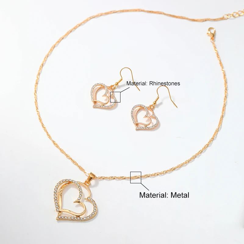 3 Pcs Set Heart Shaped Jewelry Set Of Earrings Pendant Necklace For Women Exquisite Rhinestone Double Heart Jewelry Set