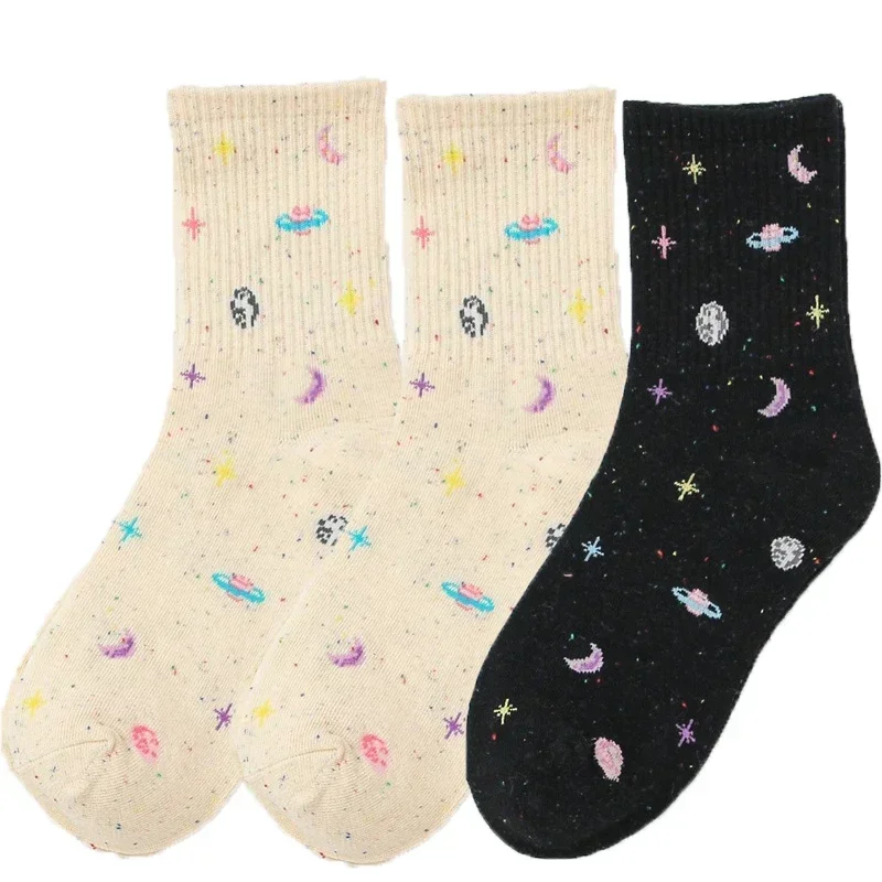 Calcetines divertidos con de estrellas y Luna para mujer, calcetín de tubo espacial con planeta Harajuku, colorido, dulce, cálido, informal, ropa de calle Meias