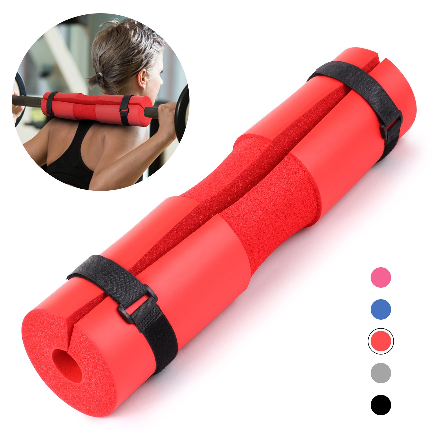 Barbell squat pad hals skulder beskyttende pad support med fastgørelsesbånd til squats lunges hoftestød vægtløftning bar pad: Rød