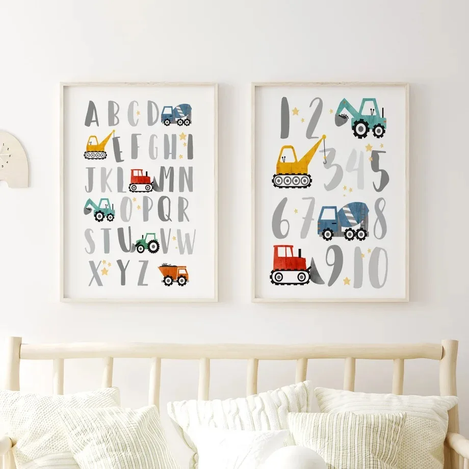 Moderne Nordic Stijl Canvas Print Schilderij Poster Cartoon Auto Letter Nummer Kinderen Muur Foto Art Studio Kinderkamer Home Decor