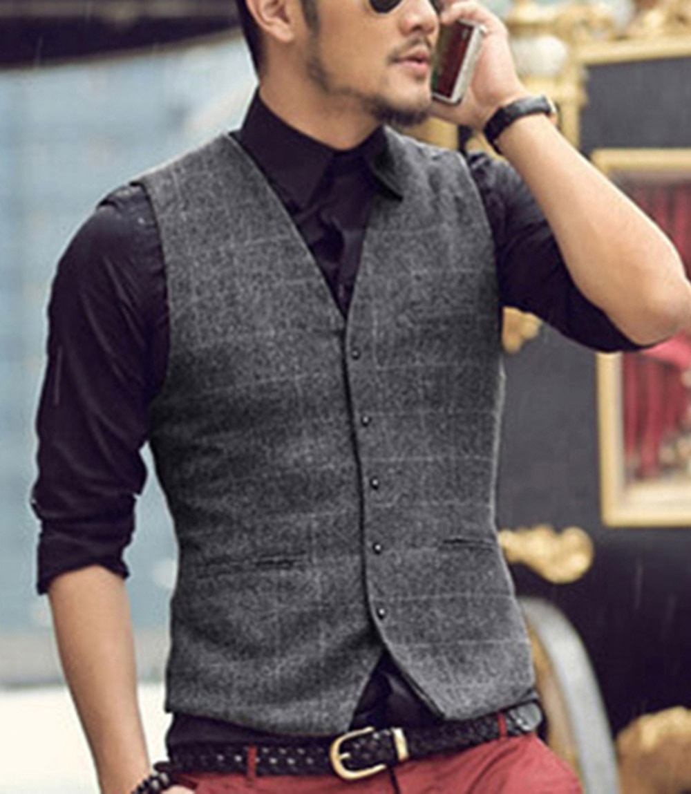 Herre jakkesæt vest plaid hals uld brun enkeltradet slim fit casual formel business groomman vest til bryllup bedste mand